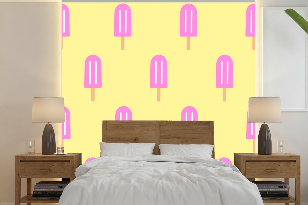 MuchoWow Fototapete für Wohnzimmer oder Schlafzimmer Wandtapete Vinyl Motivtapete Eiscreme - Muster - Gelb - Rosa - 300x300 cm - Wanddekoration
