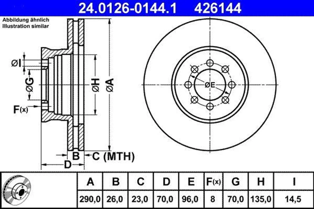 Disque de frein ATE 24.0126-0144.1 pour Mercedes Sprinter OE 9054210012