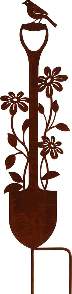 Gartenstecker Spaten Schaufel mit Blumen und Vogel Metall Gartendeko Rost Edelrost rostiger Beetstecker Rostfigur für den Garten Rankhilfe Deko Figur