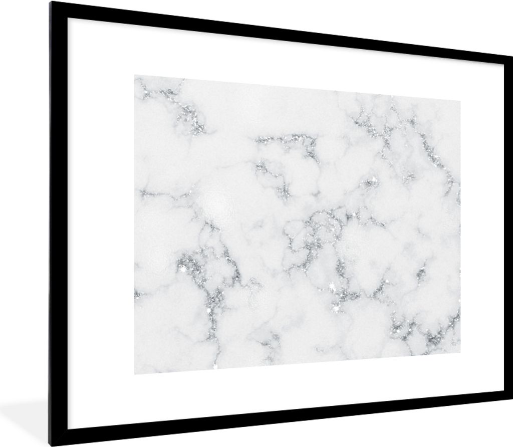 MuchoWow Gerahmtes Poster Marmor - Weiß - Silber - Glitter - Marmoroptik - Chic 80x60 cm - Poster mit Schwarzem Bilderrahmen Wandposter Rahmen F...