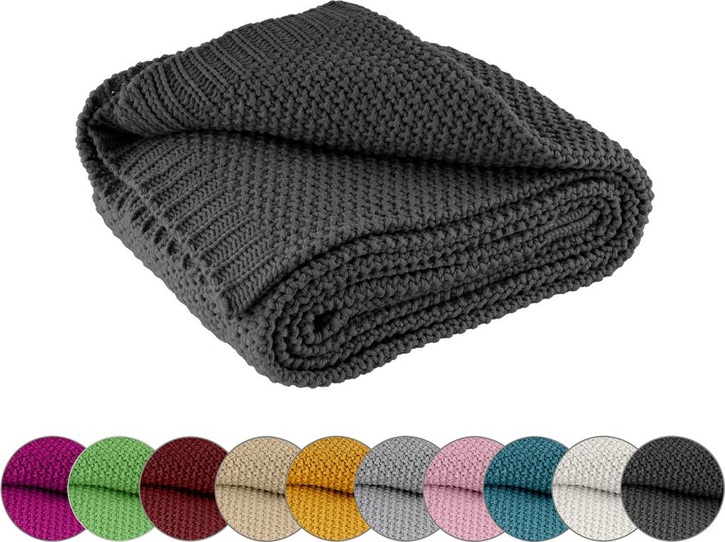 wometo Kuscheldecke Strick OEKO-TEX 140x190 dunkelgrau - warme weiche Strickdecke mit edlem und schlichten Strickmuster