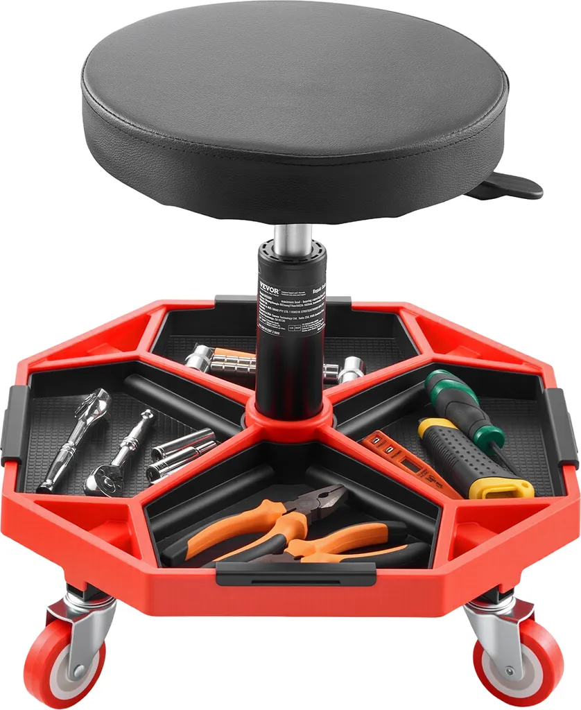 VEVOR Sgabello da officina pieghevole (136 kg), sedile da garage, sgabello da lavoro, regolabile in altezza (420-550 mm), adatto per officina, riparazione auto, nero + rosso