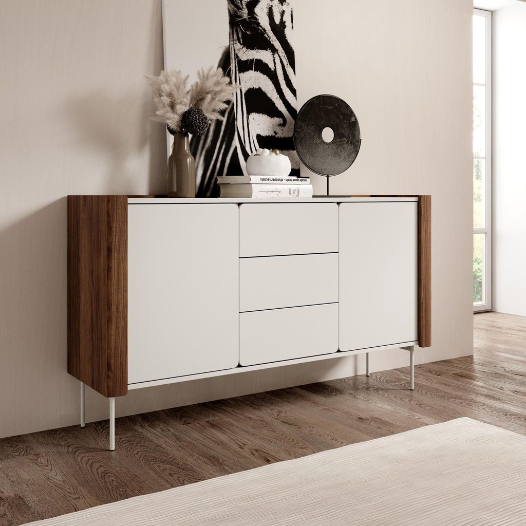Skandinavisches Schubladenkommode aus Metallbeine Loop 2-türig Kommode mit Schubladen Weiß Sideboard mit Holzelemente und verrückte Kanten, Farb...