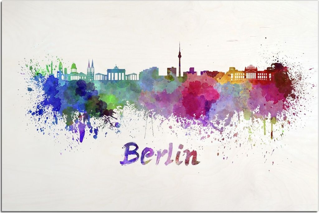 Kunstdrucke Wandbilder Holz in : Brillante Farben, Größe 60 x 90 cm Motiv Städte als Aquarell - Skyline von Berlin