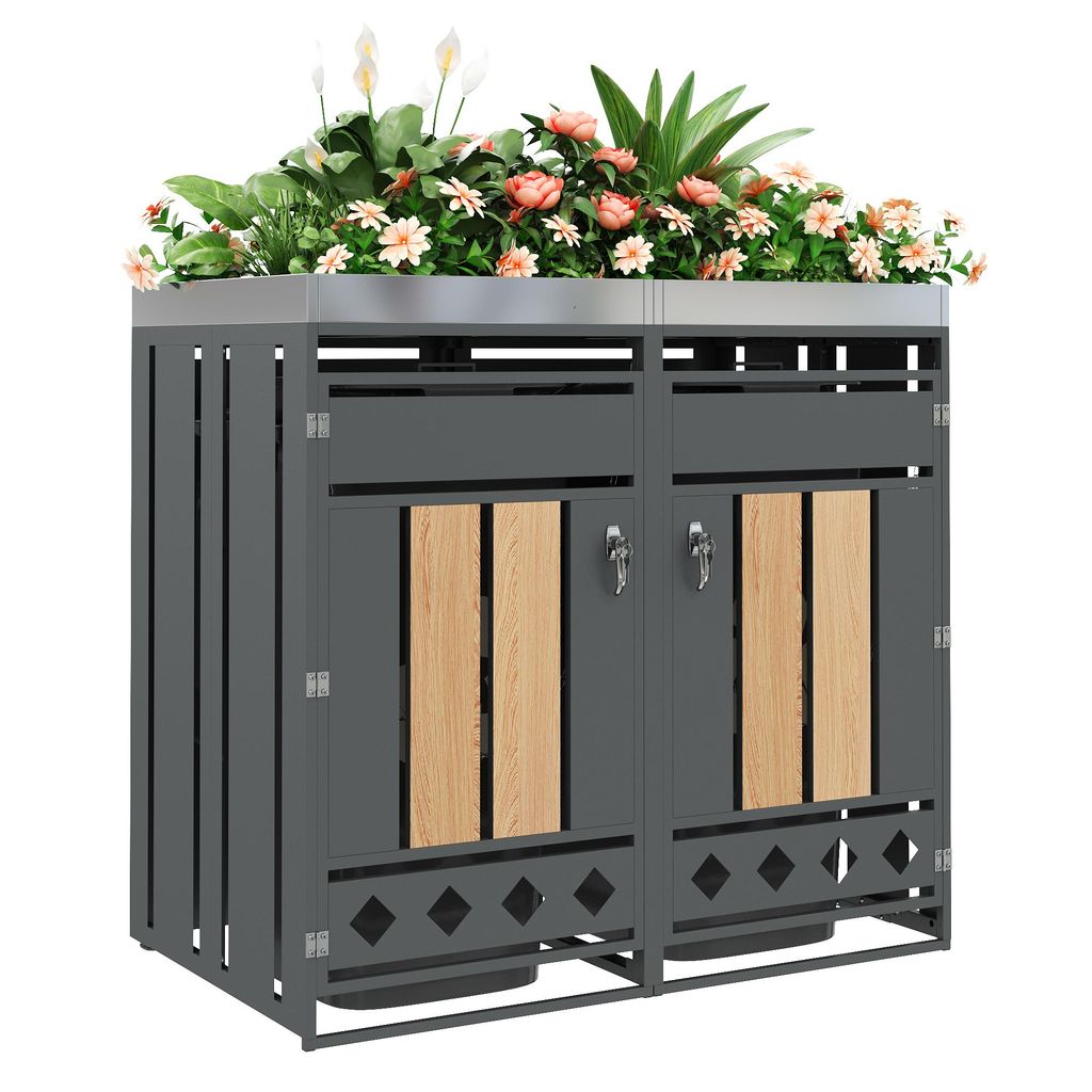 Mülltonnenbox 2er Set für 240L 120L Tonnen Mülltonnenverkleidung mit Pflanzdach Mülltonnenschrank verzinkter Stahl Holz-Optik Anthrazit 132x80x...