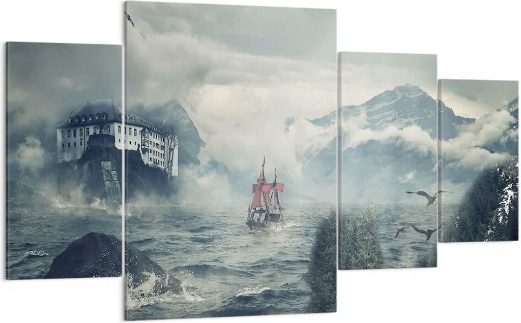 Bild auf Leinwand - Leinwandbild - 4 Teile - Sturm Berge Segelschiff - 160x90cm - Wand Bild - Wanddeko - Wandbilder - Leinwanddruck - Bilder - Wand...