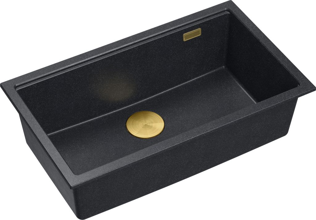 QUADRON Spülbecken 1-Becken Spüle | Größe: 70 x 37 x 23,5 cm | LOGAN 110 | Unterbauspüle Granitspüle aus GraniteQ mit Siphon | Schwarz + Gold...