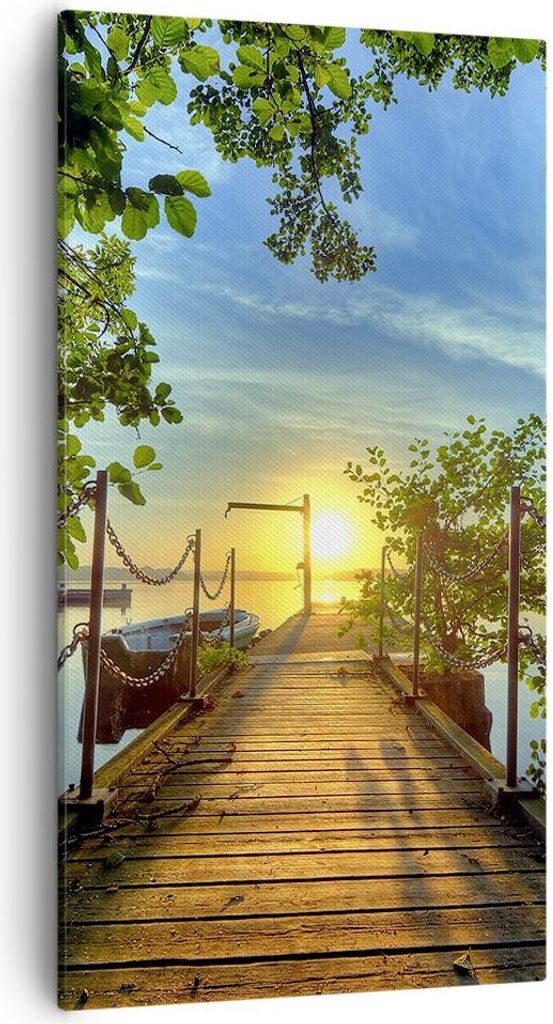 Bild auf Leinwand - Leinwandbild - See Sonnenuntergang Boot Landschaft - 55x100cm - Wand Bild - Wanddeko - Leinwanddruck - Bilder - Kunstdruck - Le...