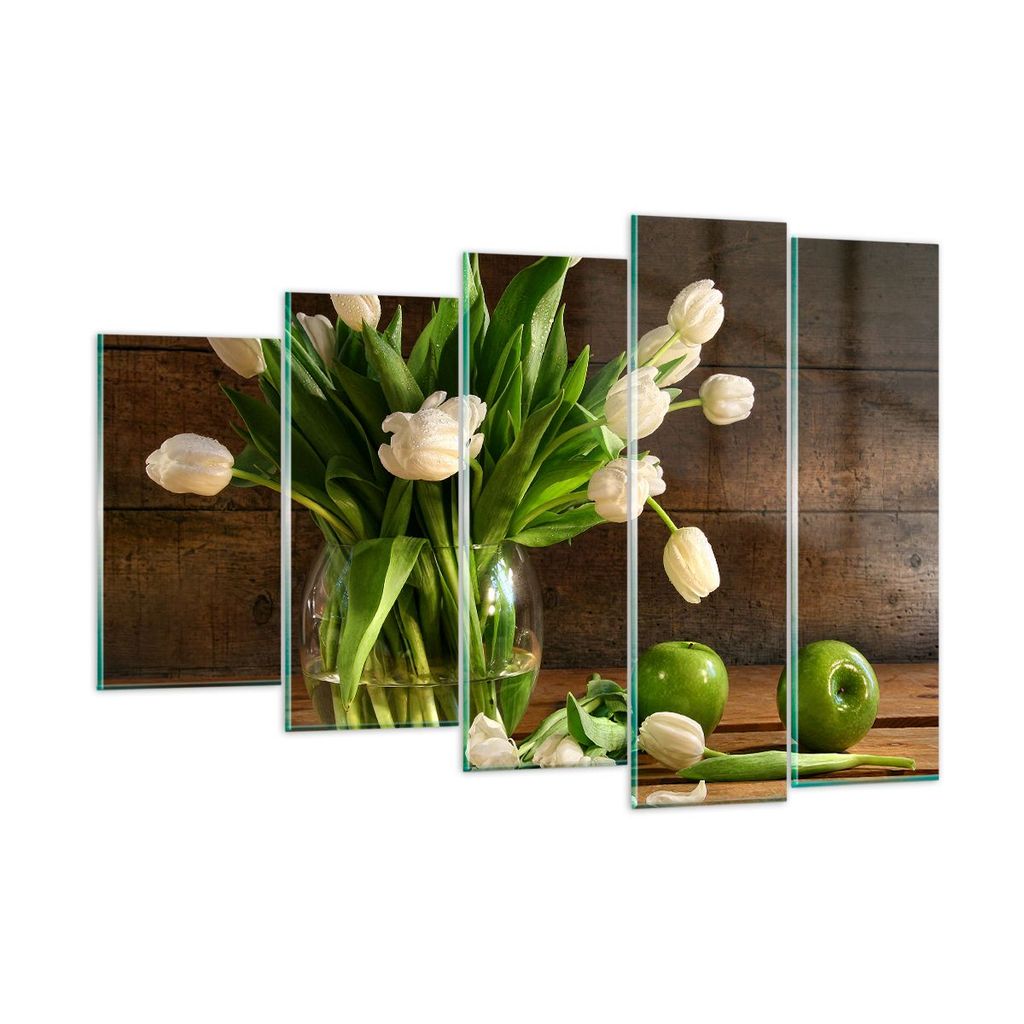 Bilder auf glas - Tulpen Apfel Blumenstrauß Frühling - 150x100cm - Glasbilder - Wandbilder - Kunstdruck - Wanddekoration aus Glas - Glas Bilder -...