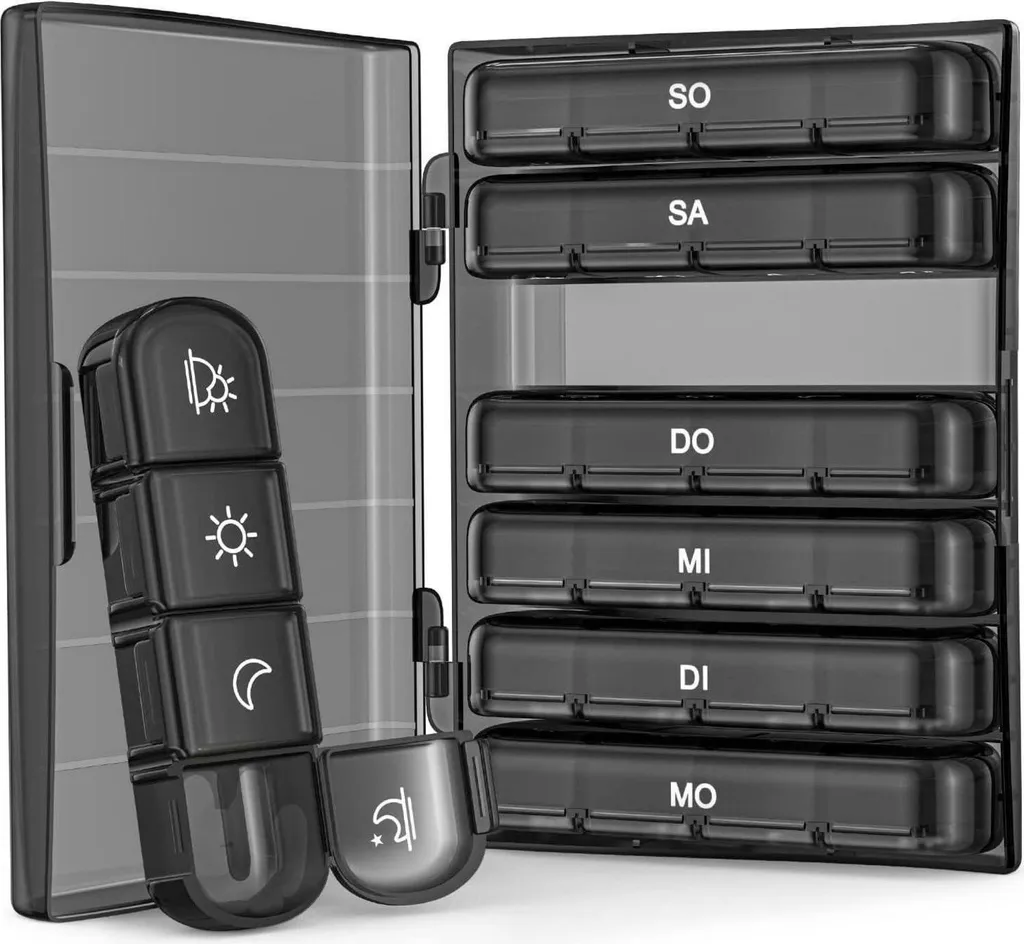 AUVON Boîte à comprimés 7 jours 4 compartiments sans BPA XL Noir