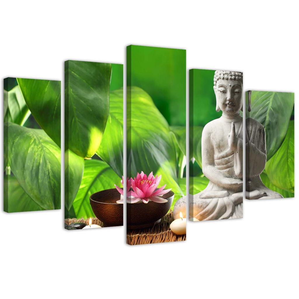 5-teiliges leinwandbild buddha zwischen pflanzen 200x100 cm Feeby grün wandbild bereit zum aufhängen