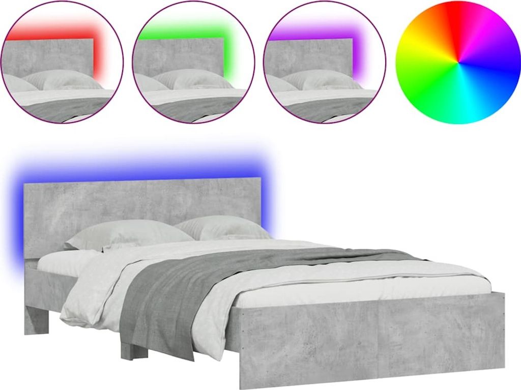 Bettgestell mit Kopfteil LED-Beleuchtung Betongrau 140x190 cm