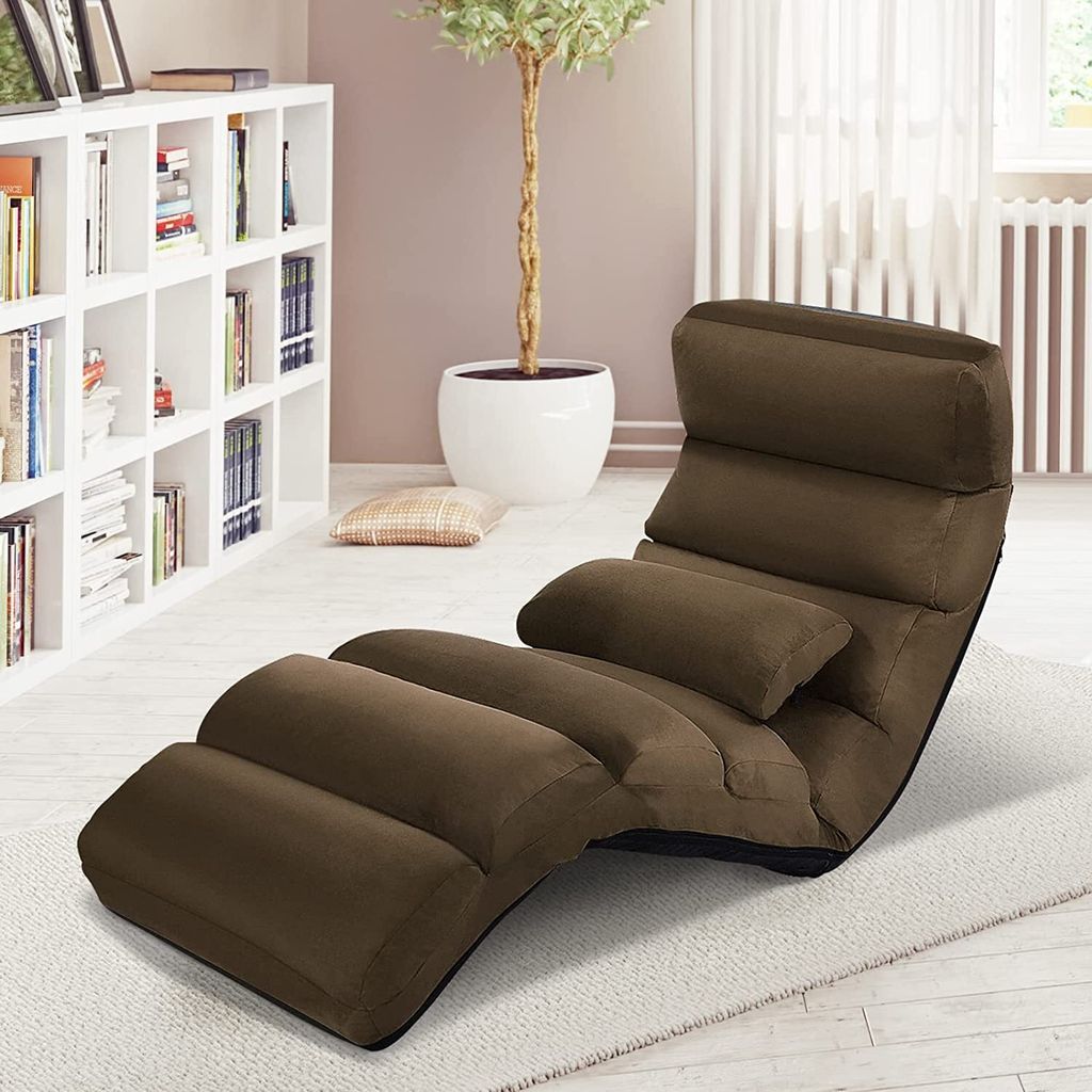 Relaxliege 5-Fach einstellbar, Bodenstuhl faltbar mit Kissen, Liegesessel mit Schlaffunktion, bis 120kg belastbar, Relaxsessel (Braun)