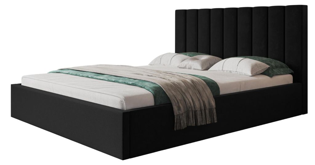 Bett Sapporo 140x200, Bettkasten und Metallrahmen, Jasminstoff, Schwarz