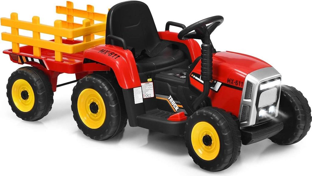 GOPLUS Elektrofahrzeuge mit Anhänger, 3-Gang Elektroauto Traktor mit Fernbedienung, LED-Licht & Musik & Bluetooth, für Kinder ab 3 Jahren, bis 30...
