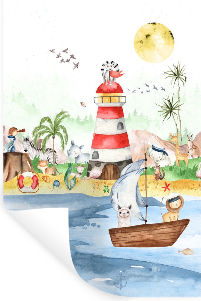 MuchoWow Wandtattoo Wandsticker Wandaufkleber Strand - Tiere - Kinder - Leuchtturm - Jungen 20x30 cm Selbstklebend und Repositionierbar - Sticker...