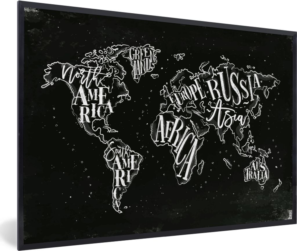 MuchoWow MuchoWow Gerahmtes Poster Weltkarte - Einfach - Schwarz - Weiß 30x20 cm - Poster mit zchwarzem Bilderrahmen - Kunstdruck - Bild-Poster