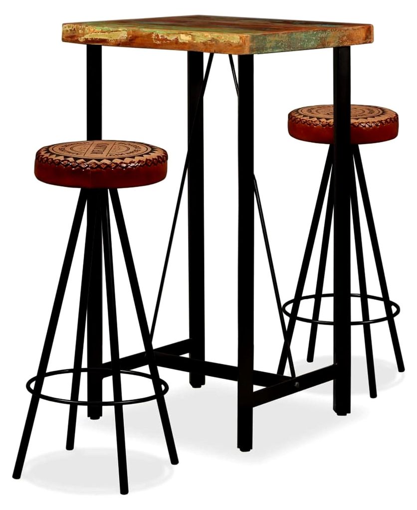 Bar-Set im Industrie-Look aus recyceltem Holz und Stahl | 1 Tisch & 2 Hocker | Möbel für Bar-Theken im Restaurant und Zuhause