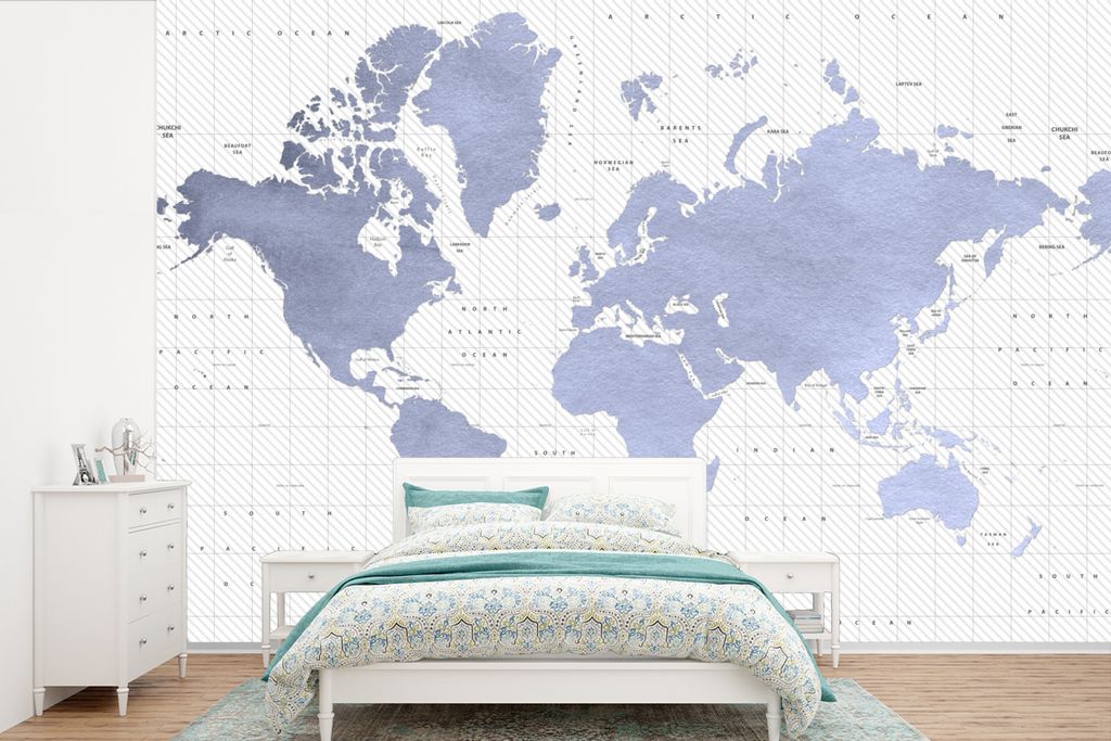 MuchoWow Fototapete für Wohnzimmer oder Schlafzimmer Wandtapete Vinyl Motivtapete Weltkarte - Blau - Meer - 450x300 cm - Gemusterte