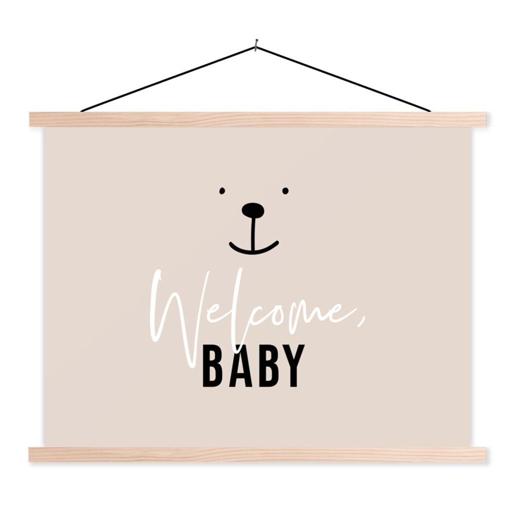 MuchoWow Textilposter Zitate - Willkommen Baby - Baby - Sprichwörter - Kinder - Kinder 120x90 cm mit holzfarbenen Rahmen - Magnetisch