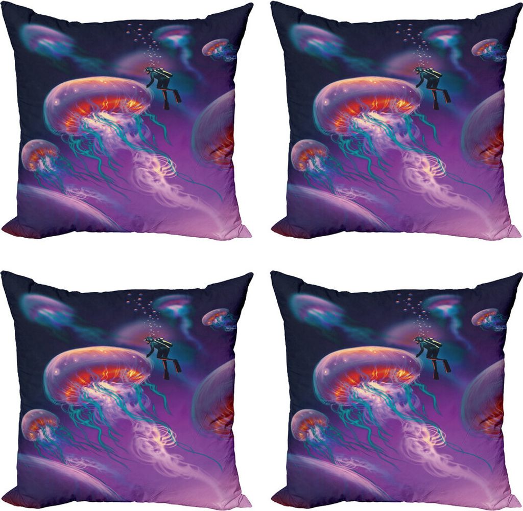 ABAKUHAUS Fantasie Kissenbezug Set (4 Stück), Qualle, Moderner Doppelseitiger Digitaldruck, 45 cm x 45 cm, Lila-blau