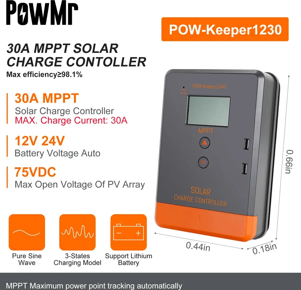 SolaMr MPPT 30A Regolatore Di Carica Solare – 12V/24V, Display LCD, Sensore Temperatura E Interfaccia RS485