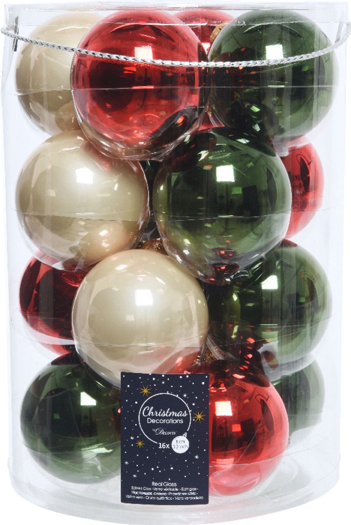 Weihnachtskugeln Glas 8cm 16 Stück - Rot / Piniengrün / Perle Mix