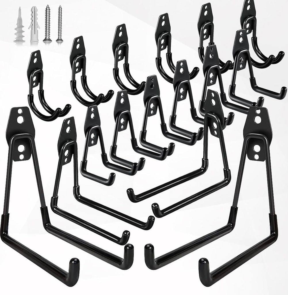 Metallische Wandhaken - Für Werkzeuge, Fahrräder, Gartenartikel - 16 Stück - Schwarz - Gummibeschichtung