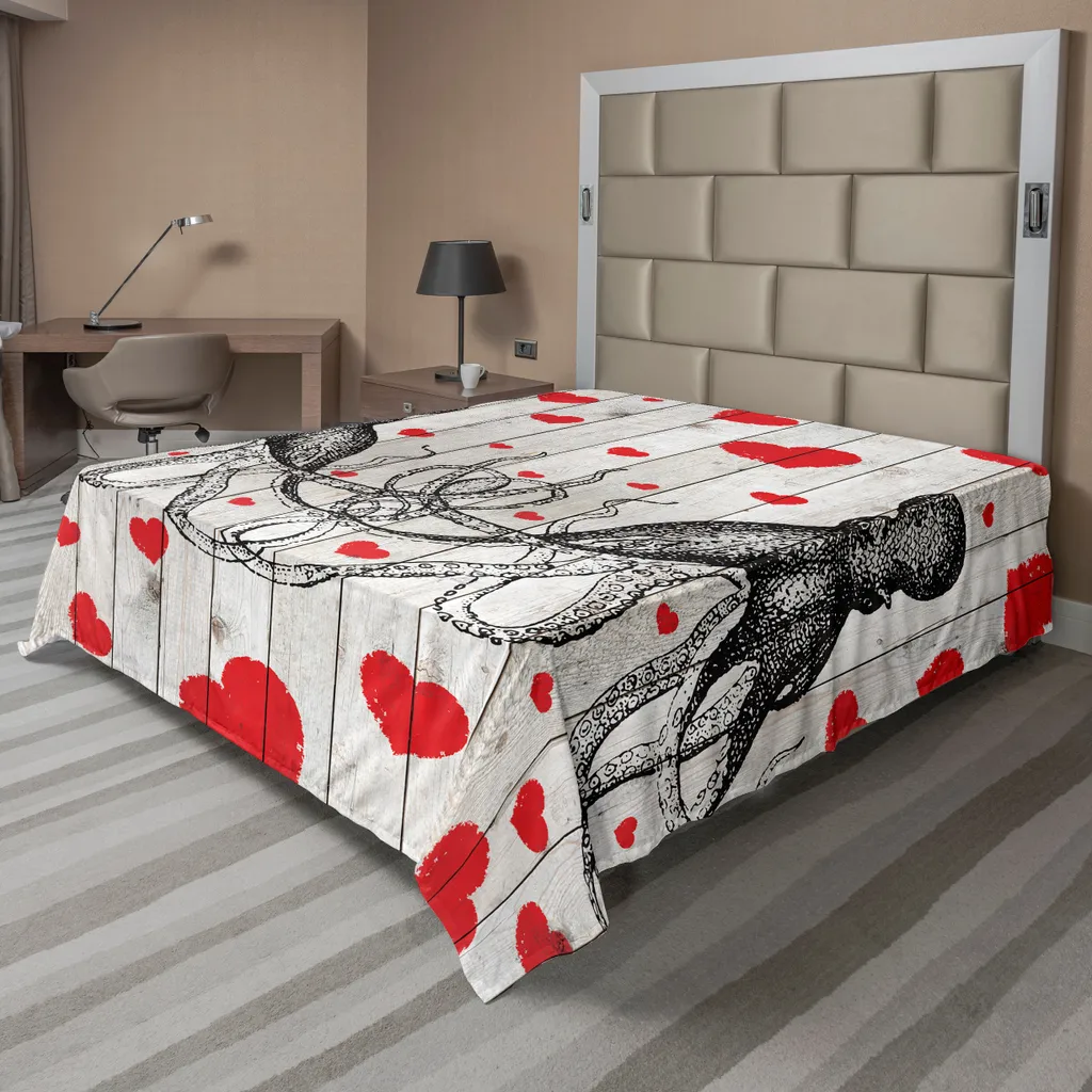 ABAKUHAUS Lenzuola, polipo fugace, animali e cuori su assi di legno grunge, lenzuolo morbido e confortevole per un letto decorativo, 1 pezzo, 266 cm x 260 cm, rosso cinabro, grigio antracite.