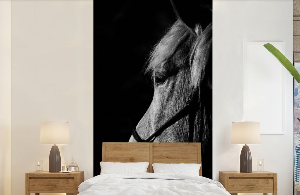 MuchoWow Fototapete für Wohnzimmer oder Schlafzimmer Wandtapete Vinyl Motivtapete Pferd - Halfter - Leicht - 120x240 cm - Hintergrundbild