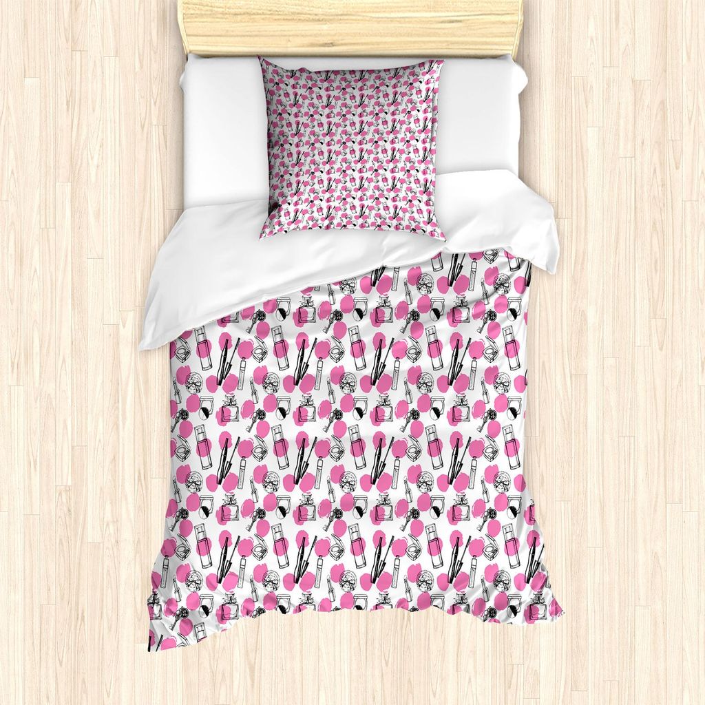 ABAKUHAUS Feminin Bettbezug Set, Repetitive Parfüm Lippenstift Frauenpflege Artikel mit Sketchy Dots drucken, 135 x 200 cm + 80 x 80 cm, Rosa und ...