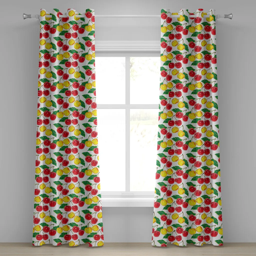ABAKUHAUS Tenda con occhielli, ciliegie colorate con motivo a foglie - fresca, matura, succosa, gustosa, estiva, tende decorative a 2 pannelli, 280 cm x 175 cm, giallo verde rosso