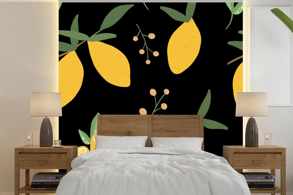 MuchoWow Fototapete für Wohnzimmer oder Schlafzimmer Wandtapete Vinyl Motivtapete Zitrone - Früchte - Schwarz - Muster - 240x240 cm - Schlafzim...