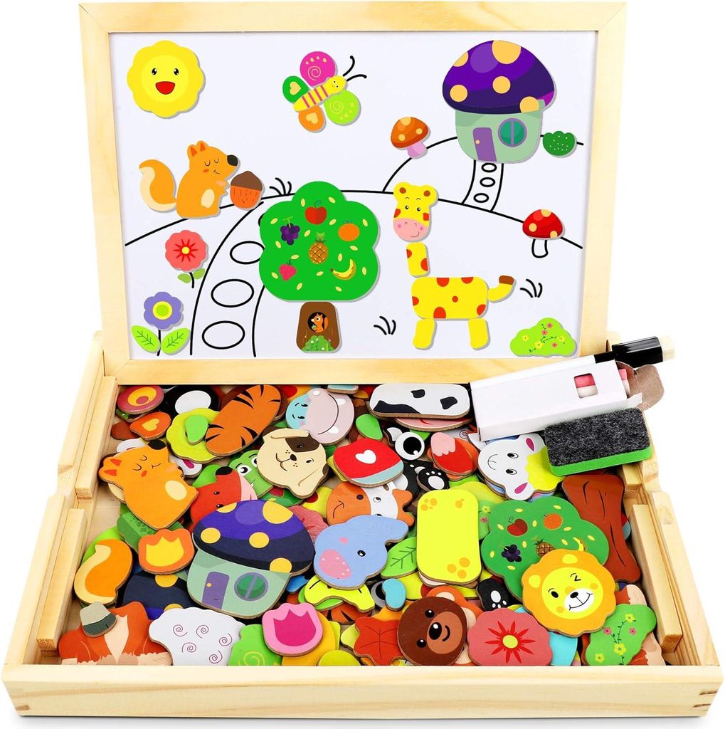 Magnetisches Holzpuzzle 110 Stück, Magnettafel Kinder, Puzzle ab 3, Montessori Spielzeug ab 3 Jahre, Wald and Tier Puzzles Kinderspiele, Geschenk