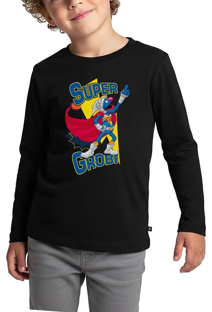 Spreadshirt Sesamstraße Grobi Supergrobi Superheld Kinder Premium Langarmshirt, 134/140 (8 Jahre), Schwarz