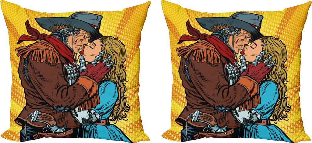 ABAKUHAUS Western Kissenbezug Set (2Stück), Steampunk-Roboter-Western-Art-Cowboy küsst den Mädchen-Illustrations-Druck, 40 x 40 cm, Gelb und Braun