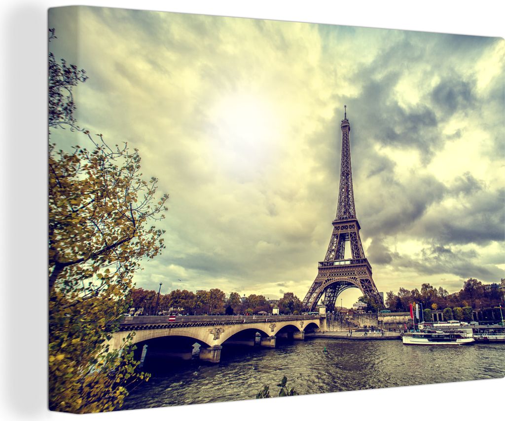 OneMillionCanvasses - Leinwandbilder - 140x90 cm, Wasserblick auf den Eiffelturm und Paris, Wandbilder Kunstdruck Wanddekoration - Foto auf Leinw...