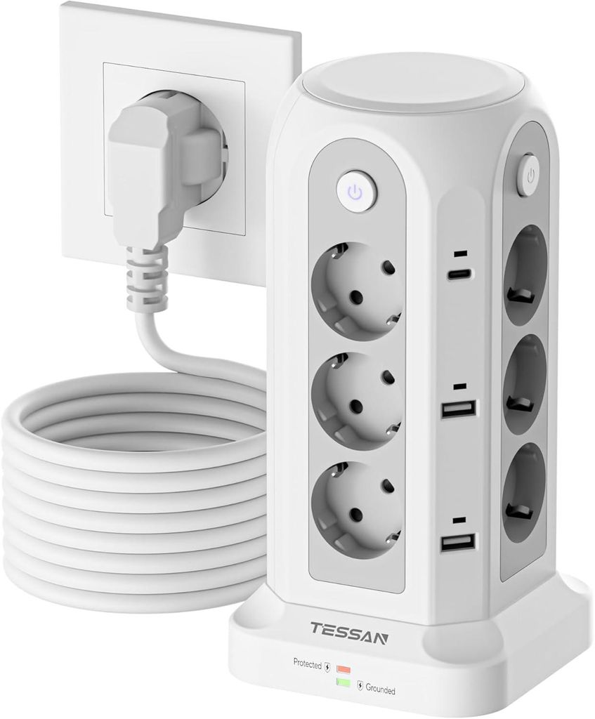 TESSAN 12 Fach Mehrfachsteckdose mit 6 USB(4 USB-A/2 USB-C) Kabel 5m Mehrfachsteckdose
