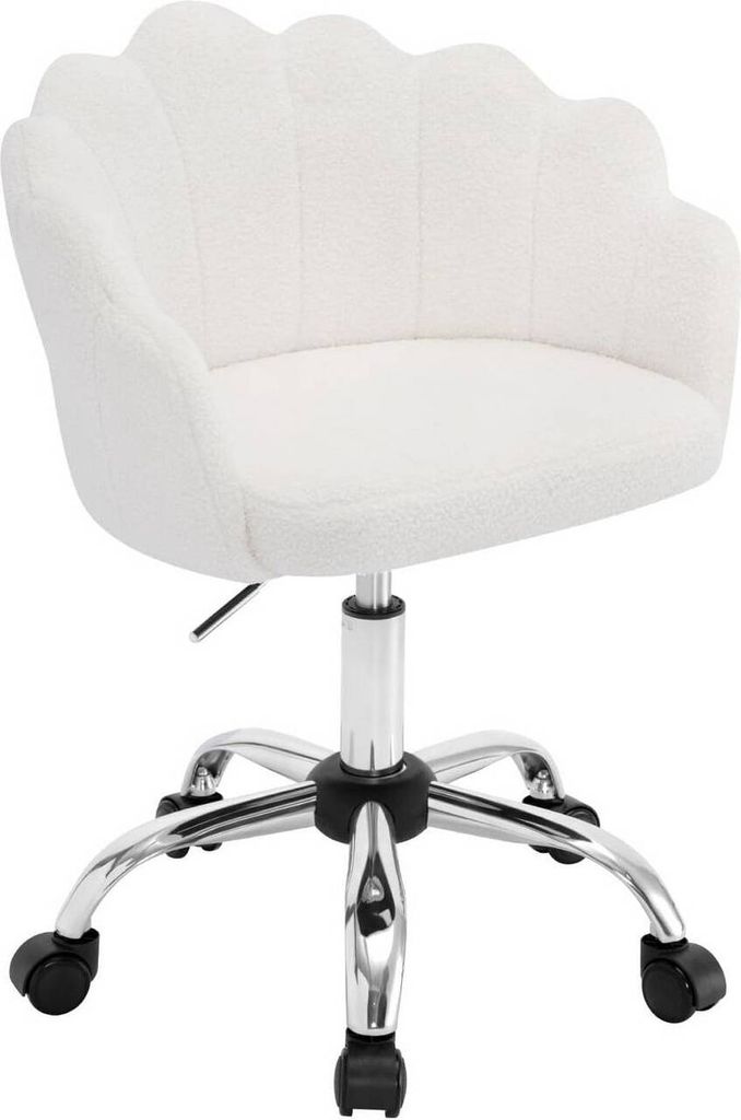 A white, plush office chair with a scallop-shaped backrest and a chrome base with wheels.
