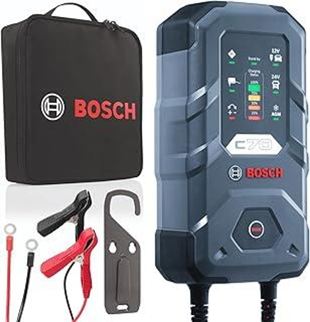 Bosch C70 Batterieladegerät, 10 Ampere, mit Erhaltungsladungs-Funktion - Autobatterie-Ladegerät für 12 V / 24 V Blei-Säure-, AGM-, EFB-, Gel-, ...
