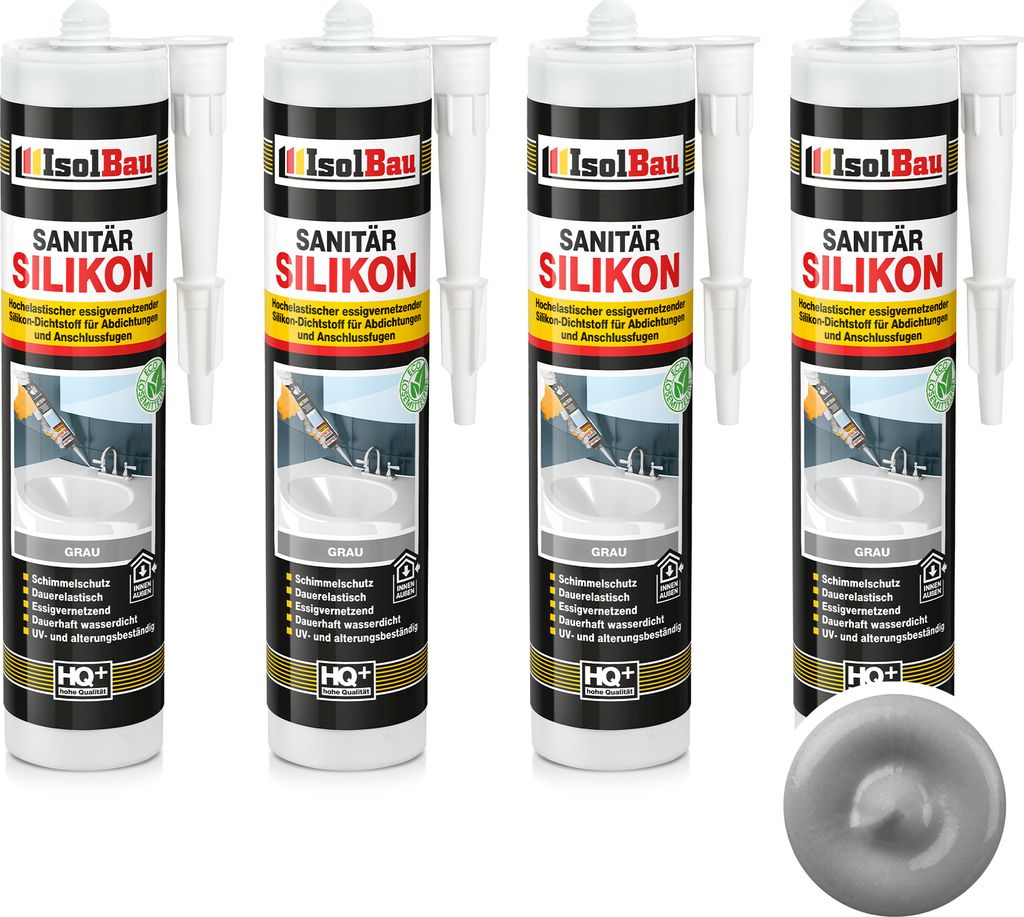 Isolbau Sanitär Silikon 4 x 300 ml Grau - Hochelastischer Silikon-Dichtstoff für Abdichtungen & Fugen – Schimmelresistent, wasserdicht - Kartusche
