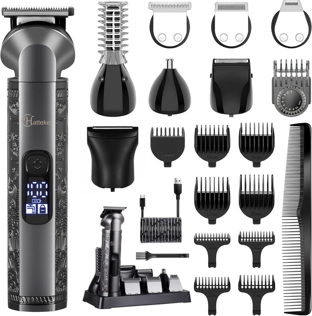 Hatteker 8-in-1 Männerpflegeset – Zero-Gap-T-Klinge Trimmer, Barttrimmer, Haarschneider, Nasen- & Ohrtrimmer, kabellos, wasserdicht, elektrisch