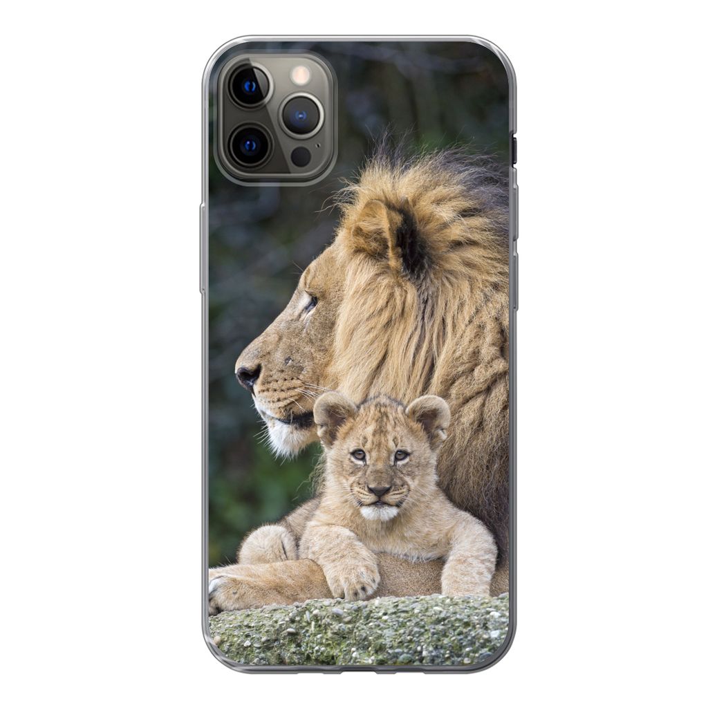 MuchoWow Handyhülle Schutzhülle Hülle für iPhone 13 Pro Max Erwachsener Löwe mit Jungtier Silikon Softcase Handy Hülle - Mobiltelefon