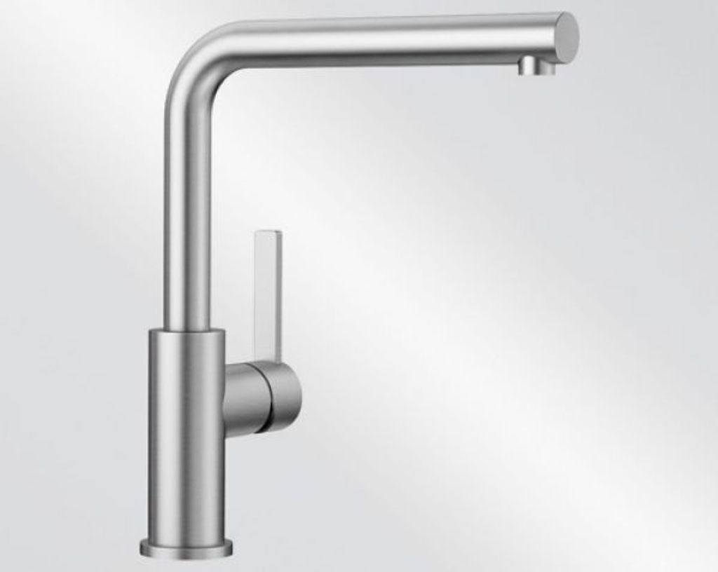 A studio shot of a modern kitchen faucet against a light gray background.