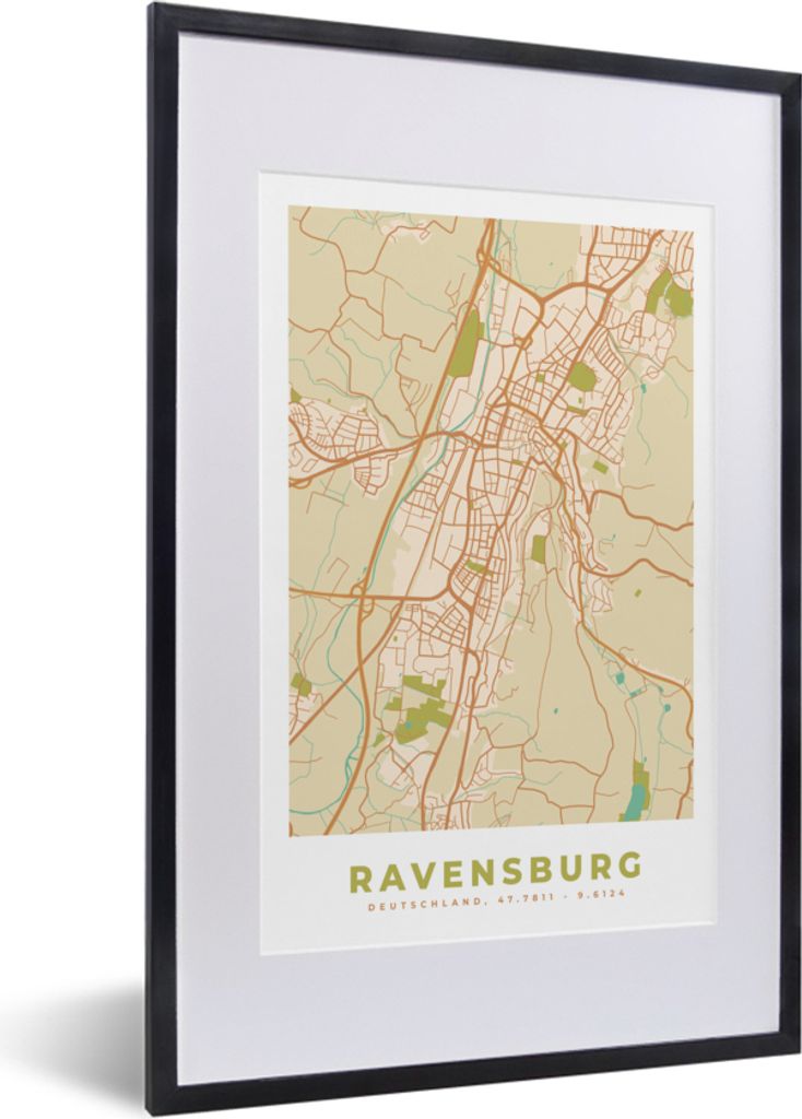 MuchoWow Gerahmtes Poster Ravensburg - Stadtplan - Vintage - Karte 40x60 cm - Poster mit Schwarzem Bilderrahmen Wandposter Rahmen Foto Bilder - P...