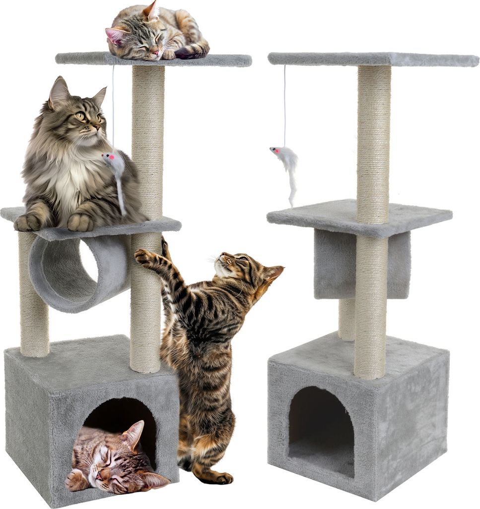 Two cat trees with cats on them, set against a white background.