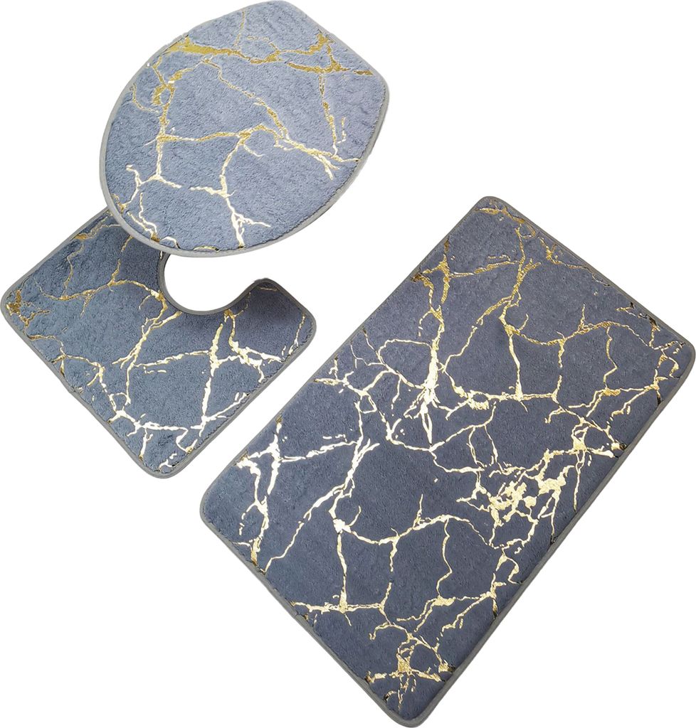 3 Teile/satz Rutschfester Toilettenteppich Schnelltrocknender Toilettendeckelbezug aus Polyester-Marmor Badezimmerteppich für Zuhause-Grau
