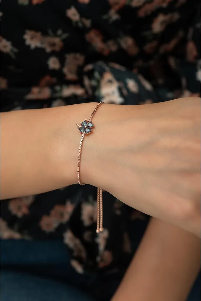 Gourmette Femme Argent 925 Ajustable avec Trèfle Porte-bonheur et Topaze