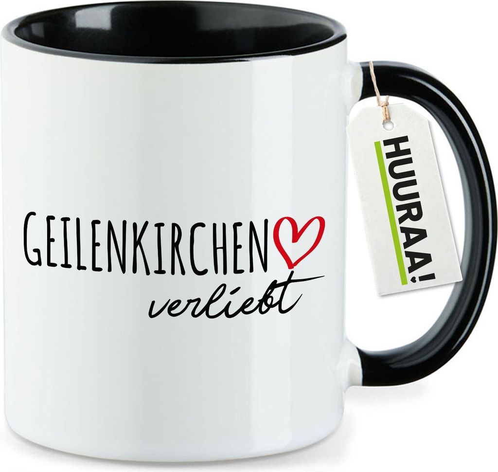 Huuraa Kaffeetasse Geilenkirchen verliebt 330ml Schwarz Keramik Kaffeebecher Geschenkidee