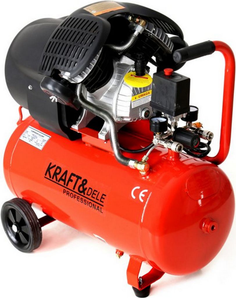 A red air compressor with black accents and wheels, shown from a diagonal angle against a white background.